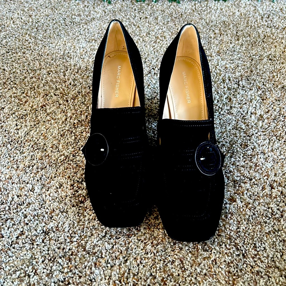 Marc Fisher black suede block heel pump with belt buckle. Size 11.